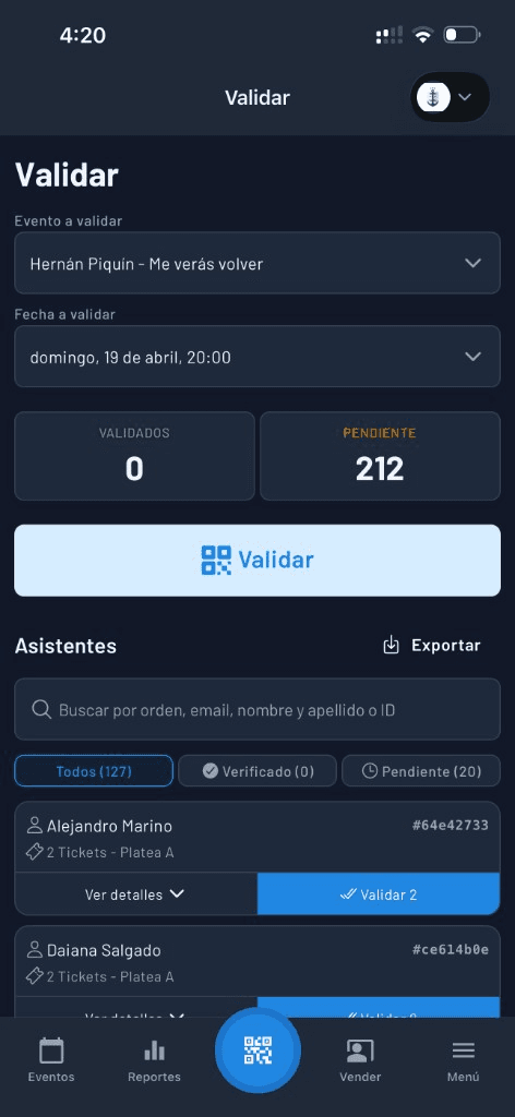 Fanz mobile app — validation tab